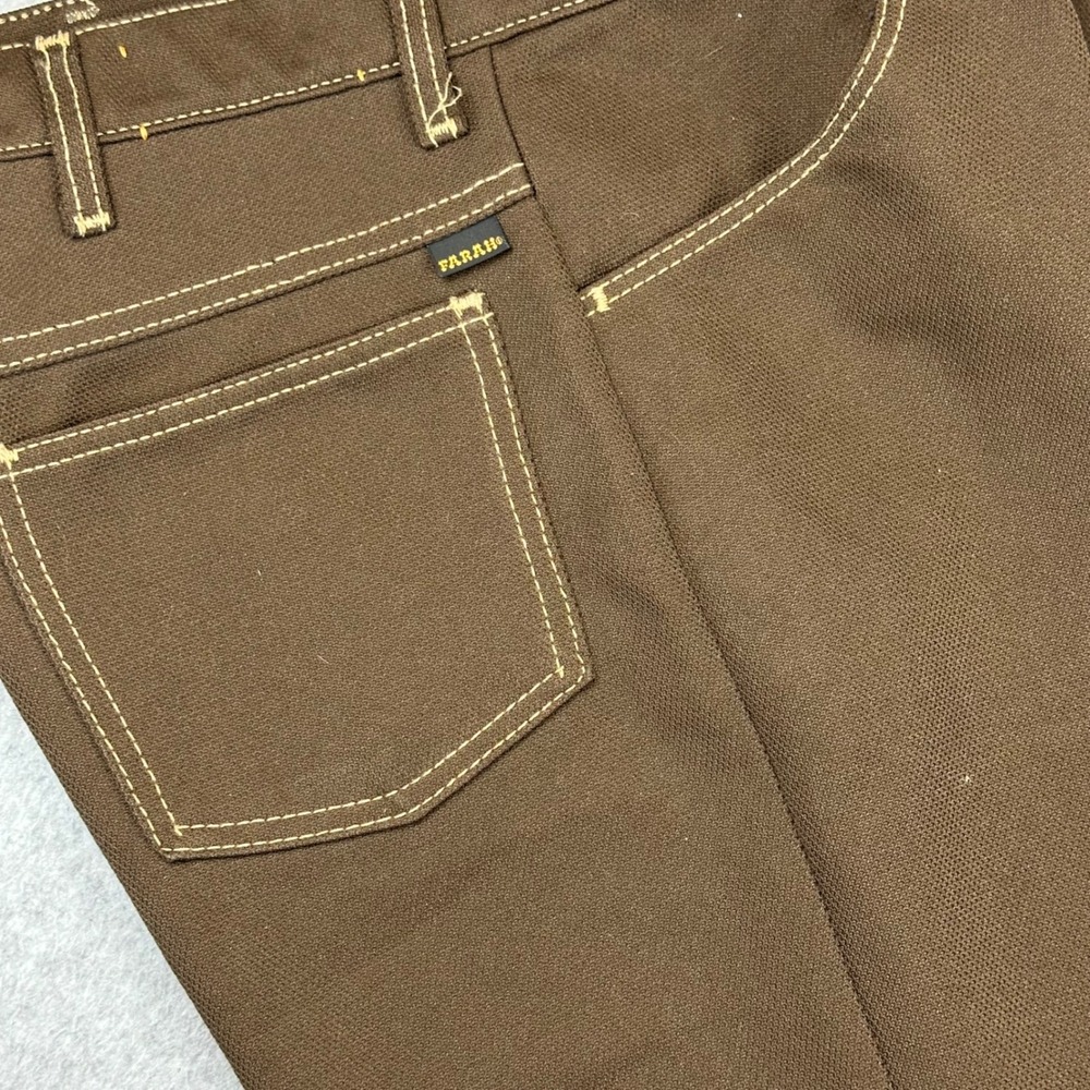 Vtg Mint Farah Brown Polyester Hopsack Flare Leg Pants Mens 34x31 Talon 42 USA